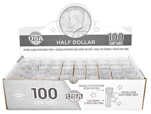 Round Half Dollar (30.6mm) Crystal Clear Polystyrene Coin Tubes - Box 100