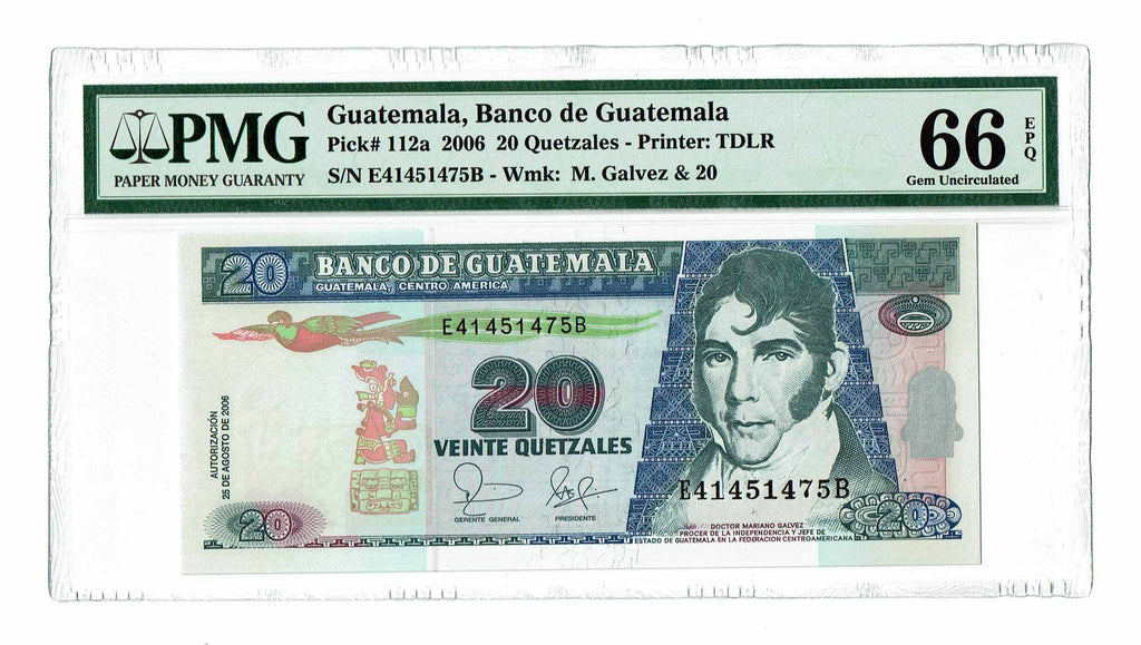 Guatemala 20 Quetzales 2006 P-112a PMG 66 EPQ Gem Uncirculated - Graded Banknote ✵ None Finer ✵