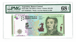 Argentina 5 Pesos ND (2015) P-359a PMG 68 EPQ Superb Gem Unc - Graded Banknote ✵ Finest Known ✵
