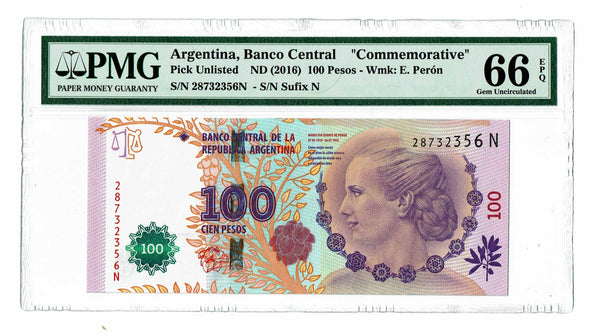 Argentina "Eva Perón" 100 Pesos ND (2016) PMG 66 EPQ Gem Uncirculated - Graded Banknote ✵ Unlisted ✵