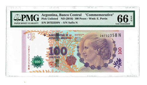 Argentina "Eva Perón" 100 Pesos ND (2016) PMG 66 EPQ Gem Uncirculated - Graded Banknote ✵ Unlisted ✵