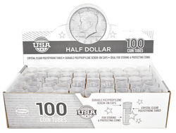 Round Half Dollar (30.6mm) Crystal Clear Polystyrene Coin Tubes - Box 100