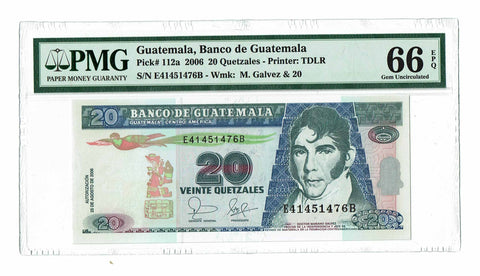 Guatemala 20 Quetzales 2006 P-112a PMG 66 EPQ Gem Uncirculated - Graded Banknote ✵ None Finer ✵
