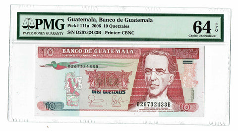 Guatemala 10 Quetzales 2006 P-111a PMG 64 EPQ Choice Uncirculated - Graded Banknote