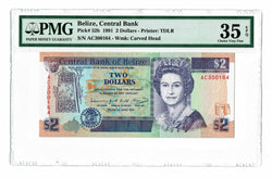 Belize 2 Dollars 1991 P-52b PMG 35 EPQ Choice Very Fine - Graded Banknote