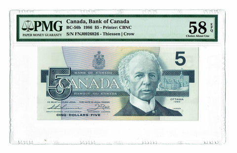Canada 5 Dollars 1986 BC-56b / P-95b PMG 58 EPQ Choice About Uncirculated - Graded Banknote