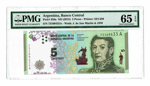 Argentina 5 Pesos ND (2015) P-359a PMG 65 EPQ Gem Uncirculated - Graded Banknote