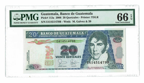 Guatemala 20 Quetzales 2006 P-112a PMG 66 EPQ Gem Uncirculated - Graded Banknote ✵ None Finer ✵