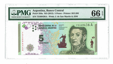 Argentina 5 Pesos ND (2015) P-359a PMG 66 EPQ Gem Uncirculated - Graded Banknote