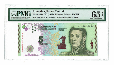 Argentina 5 Pesos ND (2015) P-359a PMG 65 EPQ Gem Uncirculated - Graded Banknote